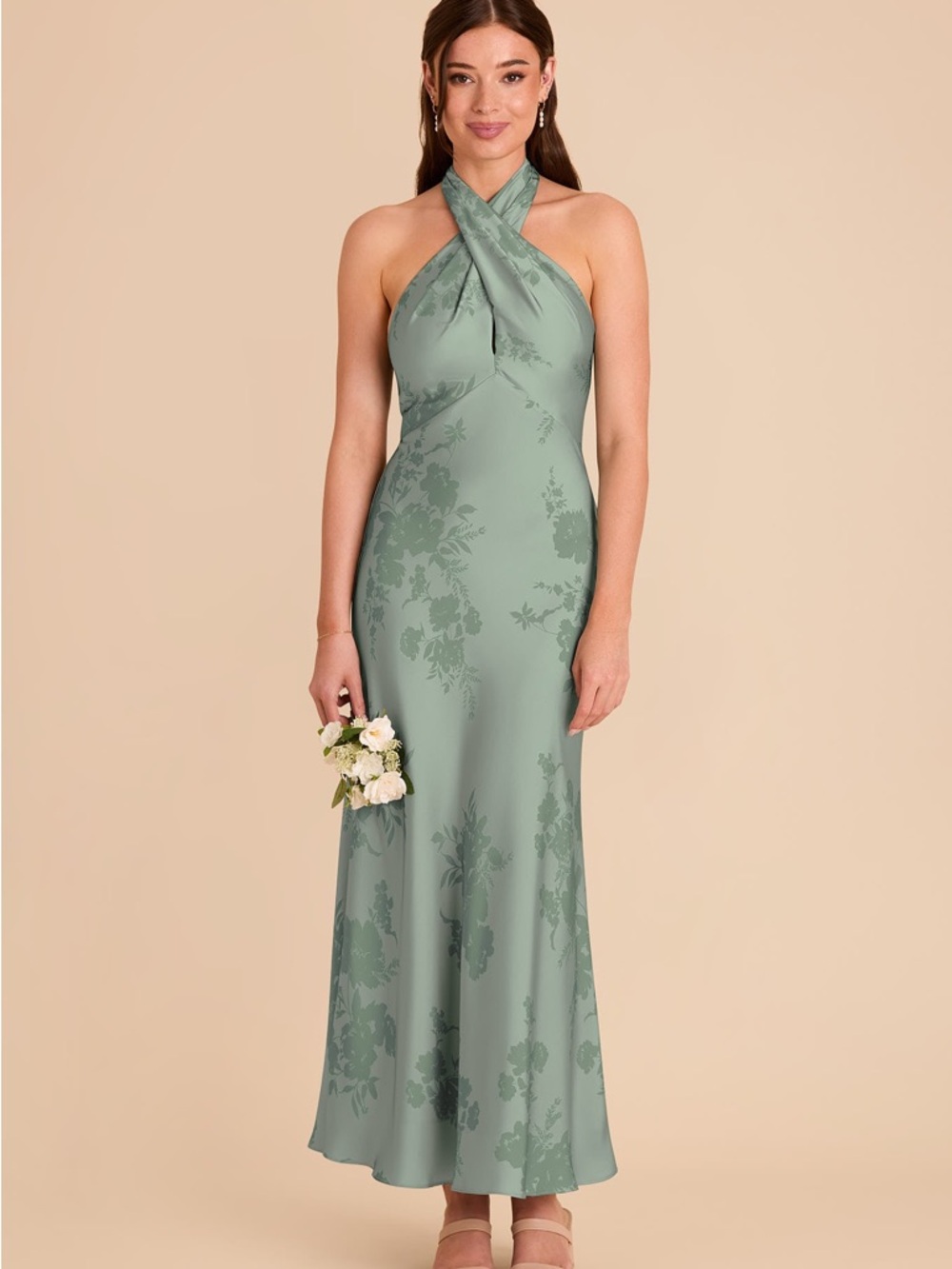 Sage Green Halter Floral Satin Evening Dress